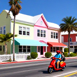 Caribbean Holidays, Bermuda July Holidays, Visitors riding colourful scooters through Hamilton, Bermuda, past pastel buildings and palm trees on a sunny summer day