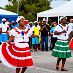 Caribbean Holidays, Bermuda June Holidays, Bermudian cultural festival with dancers in colourful traditional clothing, musicians and a friendly crowd outdoors