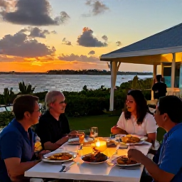 Caribbean Holidays, Bermuda June Holidays, Outdoor Bermudian restaurant at sunset with fresh seafood, local dishes and diners enjoying a relaxed evening