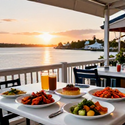 Caribbean Holidays, Bermuda June Tours, A relaxed outdoor restaurant in Bermuda serving fresh seafood and colourful local dishes beside a waterfront at sunset