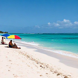 Caribbean Holidays, Bermuda June Tours, A sunny pink-sand beach in Bermuda with turquoise water, colourful beach umbrellas and visitors enjoying a relaxed June holiday