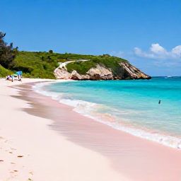 Caribbean Holidays, Bermuda June Tours, Visitors relaxing on Horseshoe Bay Beach in Bermuda with pink sand, turquoise sea and green coastal hills under a clear June sky