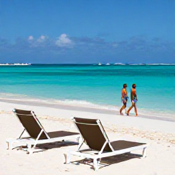 Caribbean Holidays, Bermuda Luxury Holidays, Bermuda pink-sand beach with elegant sunbeds, clear turquoise sea and a couple walking beside the water in March