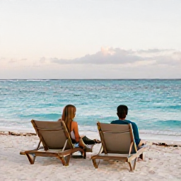 Caribbean Holidays, Bermuda Luxury Holidays, Couple enjoying a quiet pink-sand beach in Bermuda in October, with turquoise sea, comfortable sun loungers and gentle afternoon light