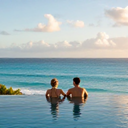 Caribbean Holidays, Bermuda Luxury Holidays, Couple relaxing beside an infinity pool at a luxury Bermuda hotel, sea views, November afternoon light