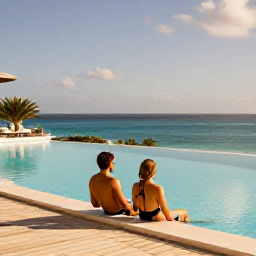 Caribbean Holidays, Bermuda Luxury Holidays, Couple relaxing beside an infinity pool at a sophisticated Bermuda resort, overlooking the ocean in warm July sunshine