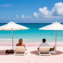 Caribbean Holidays, Bermuda Luxury Holidays, Couple relaxing on a pink-sand beach in Bermuda, with turquoise sea, sun umbrellas and gentle June sunshine