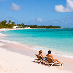 Caribbean Holidays, Bermuda Luxury Holidays, Couple relaxing on a quiet pink-sand beach in Bermuda, clear shallow water, sun loungers and gentle coastal scenery
