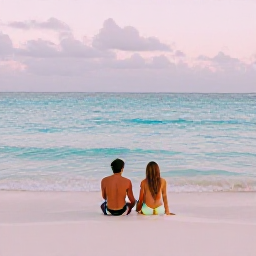 Caribbean Holidays, Bermuda Luxury Holidays, Couple relaxing on a quiet pink-sand beach in Bermuda with turquoise water and soft September light