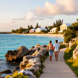 Caribbean Holidays, Bermuda Luxury Holidays, Couple walking along a scenic Bermuda coastal trail at golden hour, with turquoise sea, rugged rocks and pastel houses in the distance