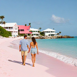Caribbean Holidays, Bermuda Luxury Holidays, Couple walking along Bermuda's famous pink sand beach in January, soft sunlight, clear water and pastel coastal houses