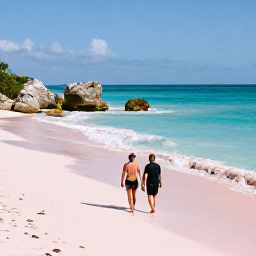 Caribbean Holidays, Bermuda Luxury Holidays, Couple walking along Bermuda&rsquo;s pink-sand beach in January, with turquoise sea, coastal rocks and gentle sunshine