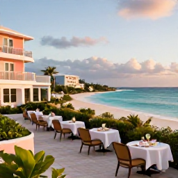 Caribbean Holidays, Bermuda Luxury Holidays, Elegant beachfront resort in Bermuda at golden hour, pastel buildings, turquoise sea and refined outdoor dining