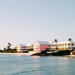 Caribbean Holidays, Bermuda Luxury Holidays, Elegant beachfront resort in Bermuda during January, with calm turquoise water, pastel buildings and soft winter sunshine