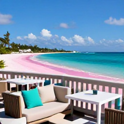 Caribbean Holidays, Bermuda Luxury Holidays, Elegant Bermuda hotel terrace overlooking a pink-sand beach and calm blue sea in sunny June weather