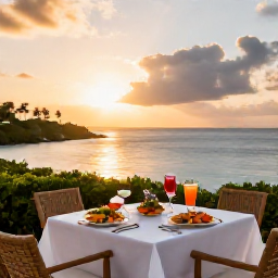 Caribbean Holidays, Bermuda Luxury Holidays, Elegant Bermuda resort dining terrace at sunset with fresh seafood, cocktails and ocean views