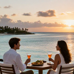 Caribbean Holidays, Bermuda Luxury Holidays, Elegant Bermuda resort terrace overlooking a calm blue bay, with a couple enjoying a sunset drink and soft evening light
