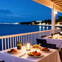 Caribbean Holidays, Bermuda Luxury Holidays, Elegant Bermuda restaurant at dusk, fresh seafood dinner, candlelit tables and harbour lights in the background