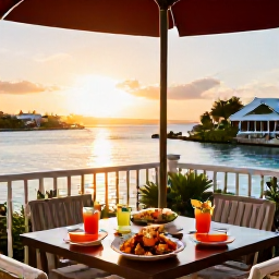 Caribbean Holidays, Bermuda Luxury Holidays, Elegant Bermuda restaurant terrace at sunset, with fresh seafood, tropical drinks and views across a calm blue harbour