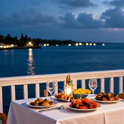 Caribbean Holidays, Bermuda Luxury Holidays, Elegant Bermuda waterfront restaurant at dusk, beautifully set table, fresh seafood and harbour lights