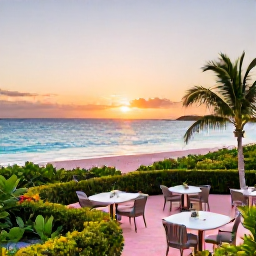 Caribbean Holidays, Bermuda Luxury Holidays, Elegant luxury resort overlooking a calm turquoise Bermuda bay at sunset, with pink-sand beach, landscaped gardens and stylish outdoor dining