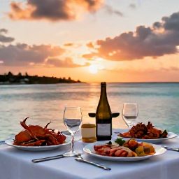 Caribbean Holidays, Bermuda Luxury Holidays, Fine dining table on a Bermuda waterfront at sunset, featuring fresh seafood and elegant table settings