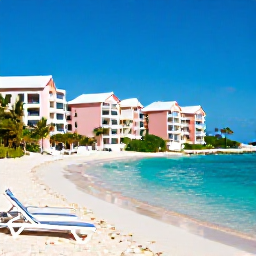 Caribbean Holidays, Bermuda Luxury Holidays, Luxury beachfront resort in Bermuda during October, with pastel buildings, turquoise water and elegant loungers beneath a clear blue sky