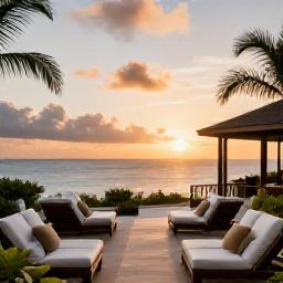 Caribbean Holidays, Bermuda Luxury Holidays, Luxury Bermuda holiday scene at sunset with elegant hotel terrace, calm sea and warm November sky