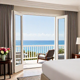 Caribbean Holidays, Bermuda Luxury Holidays, Luxury Bermuda hotel suite with open French doors to an ocean-facing balcony, crisp linens, elegant furnishings and fresh flowers