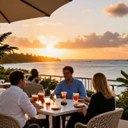 Caribbean Holidays, Bermuda Luxury Holidays, Luxury Bermuda hotel terrace overlooking Hamilton Harbour at sunset, with elegant outdoor seating and guests enjoying cocktails