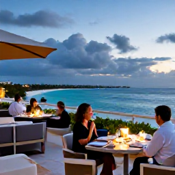 Caribbean Holidays, Bermuda Luxury Holidays, Luxury Bermuda resort terrace with ocean views, fine dining and guests enjoying an August evening