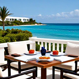 Caribbean Holidays, Bermuda Luxury Holidays, Luxury breakfast on a sunny Bermuda hotel terrace overlooking blue sea, elegant table setting and tropical garden
