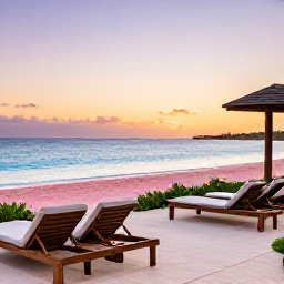 Caribbean Holidays, Bermuda Luxury Holidays, Luxury hotel terrace overlooking Bermuda&rsquo;s pink-sand coastline at sunset, with elegant loungers and a calm blue sea