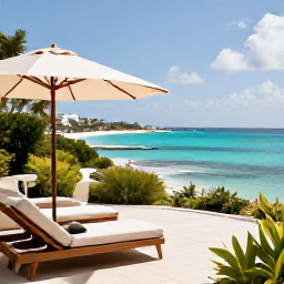 Caribbean Holidays, Bermuda Luxury Holidays, Luxury hotel terrace overlooking the turquoise sea in Bermuda on a bright May morning