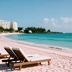 Caribbean Holidays, Bermuda Luxury Holidays, Luxury oceanfront hotel on Bermuda with pink-sand beach, turquoise water and elegant sun loungers in warm March sunshine