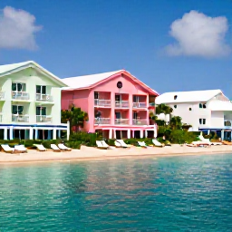 Caribbean Holidays, Bermuda Luxury Holidays, Luxury oceanfront resort in Bermuda during June, with pastel buildings, turquoise water and elegant sun loungers