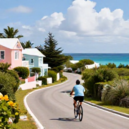 Caribbean Holidays, Bermuda Luxury Holidays, Luxury traveller cycling along a scenic Bermuda coastal road, pastel houses, lush greenery and blue ocean