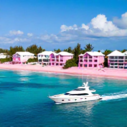 Caribbean Holidays, Bermuda Luxury Holidays, Luxury yacht cruising along Bermuda coastline past pink beaches and pastel houses under a clear blue sky