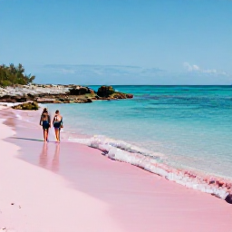 Caribbean Holidays, Bermuda Luxury Holidays, Pink sand beach in Bermuda on a calm February day, with clear water, rocky coastline and a couple walking beside the sea