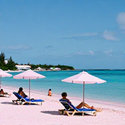 Caribbean Holidays, Bermuda Luxury Holidays, Pink sand beach in Bermuda with calm blue water, sun loungers and guests enjoying a peaceful May afternoon