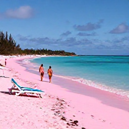 Caribbean Holidays, Bermuda Luxury Holidays, Pink sand beach in Bermuda with turquoise sea, sun loungers and a couple walking along the shoreline in November
