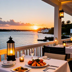 Caribbean Holidays, Bermuda Luxury Holidays, Stylish outdoor restaurant in Bermuda serving fresh seafood at sunset, with harbour views, lanterns and elegant table settings