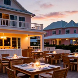 Caribbean Holidays, Bermuda Luxury Holidays, Stylish outdoor restaurant in Hamilton, Bermuda, serving fresh seafood at sunset with softly lit tables and pastel buildings nearby