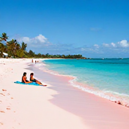 Caribbean Holidays, Bermuda Luxury Holidays, Travellers relaxing on a pristine pink-sand beach in Bermuda during a sunny August afternoon
