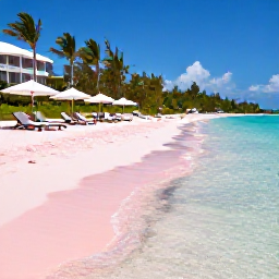 Caribbean Holidays, Bermuda Luxury Holidays, Visitors relaxing on a pink-sand Bermuda beach beside clear shallow water, with sun loungers, umbrellas and lush coastal scenery