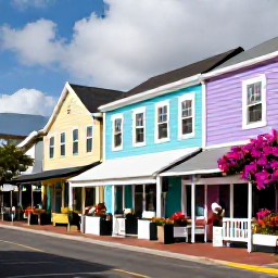 Caribbean Holidays, Bermuda March Holidays, Colourful Hamilton, Bermuda street scene in March with pastel buildings, caf&eacute;s, flowering plants and people exploring