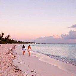 Caribbean Holidays, Bermuda March Holidays, Couple walking along a quiet pink-sand Bermuda beach at sunset, with calm water and pastel sky