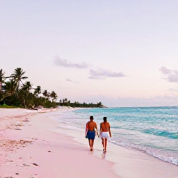 Caribbean Holidays, Bermuda March Holidays, Couple walking along Bermuda's pink-sand beach at sunset, pastel sky, gentle waves and distinctive Bermuda scenery