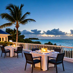 Caribbean Holidays, Bermuda March Holidays, Elegant adults-only Bermuda resort terrace at dusk, outdoor dining table, soft lighting, palm trees and ocean view