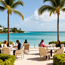 Caribbean Holidays, Bermuda March Holidays, Elegant Bermuda hotel overlooking a calm blue bay, with palm trees, outdoor dining and guests relaxing in the sunshine